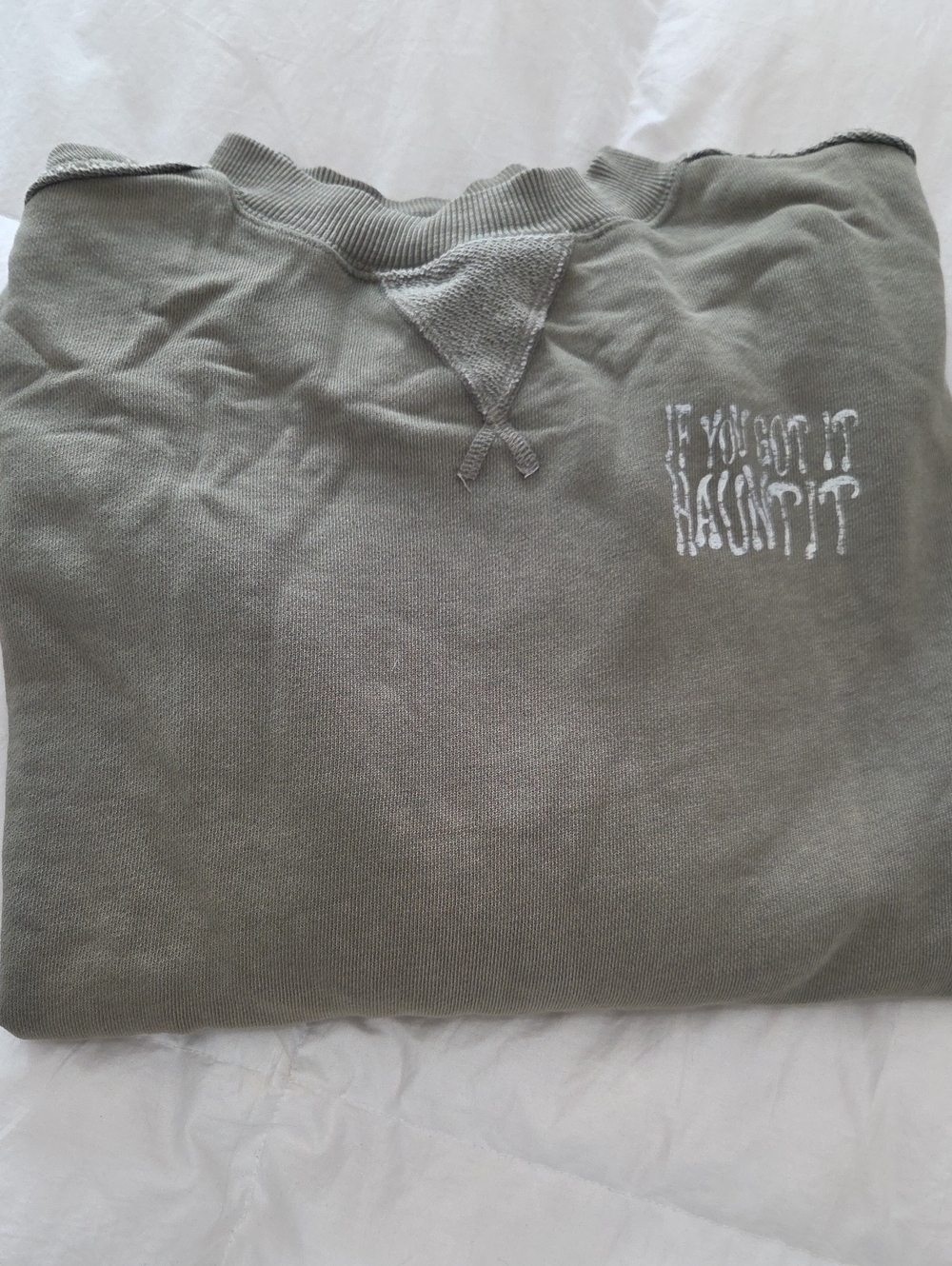 aerie Olive Crewneck Sweatshirt with White "If You Got It Haunt It" Graphic